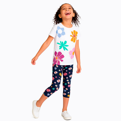 Legginsy 3/4 dla dziewczynki, z kwiatkami, granatowe 3-8 lat