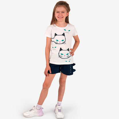 Girls' shorts with a cat, navy blue, 9-13 years old