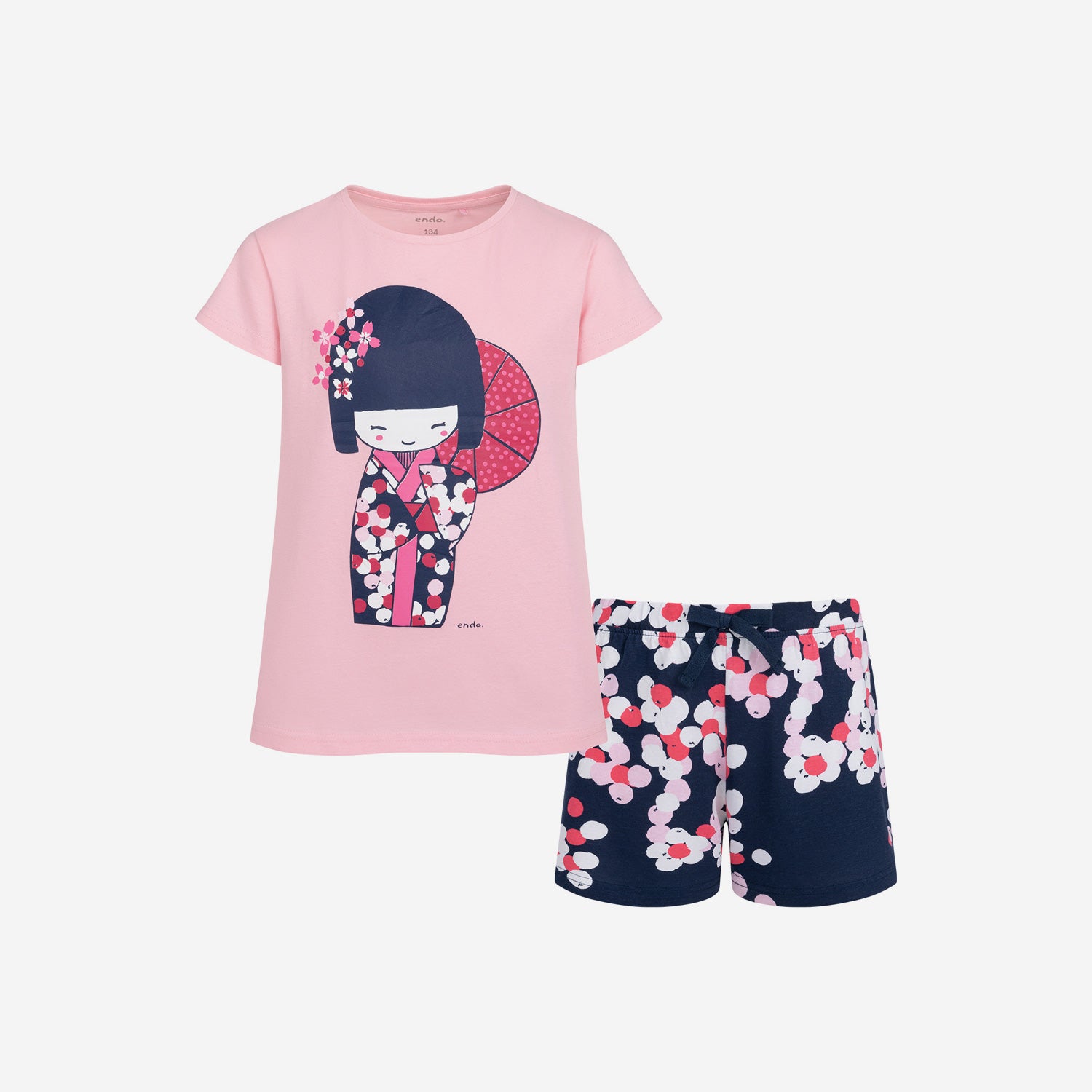Short-sleeved geisha pajama for girls, pink, 9-13 years old