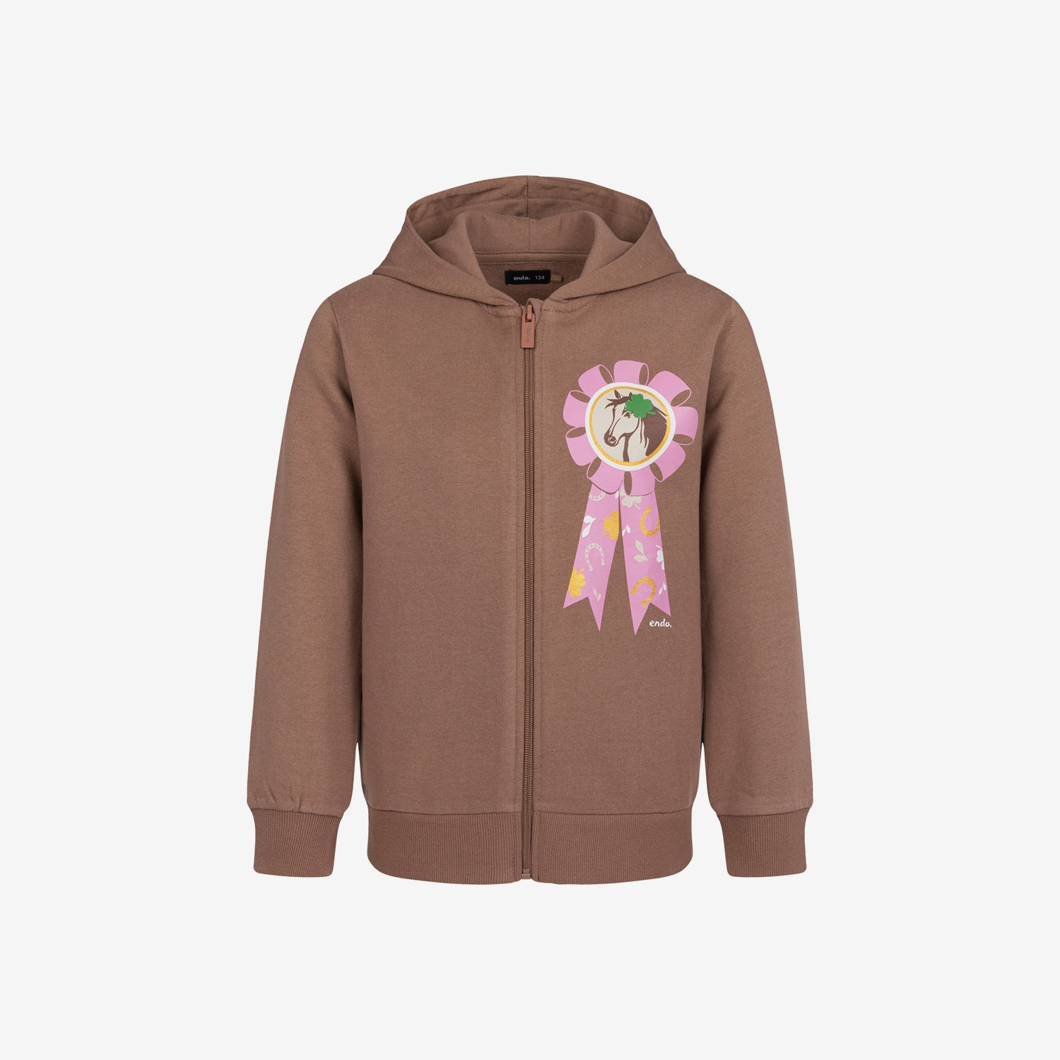 Zip-up hoodie for girls, with a horse, brown, 9-13 years old