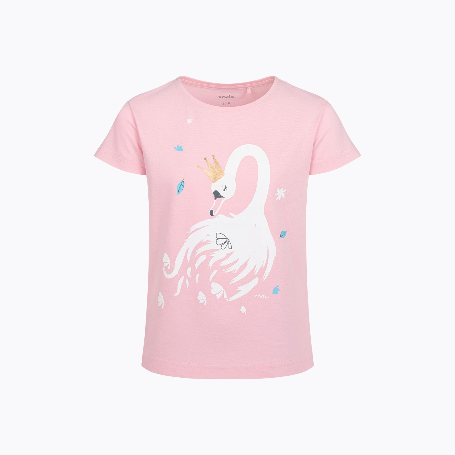 T-shirt z krótkim rękawem dla dziewczynki, z łabędziem, różowy 3-8 lat