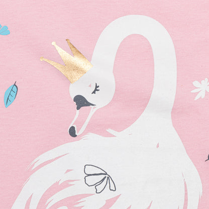T-shirt z krótkim rękawem dla dziewczynki, z łabędziem, różowy 3-8 lat