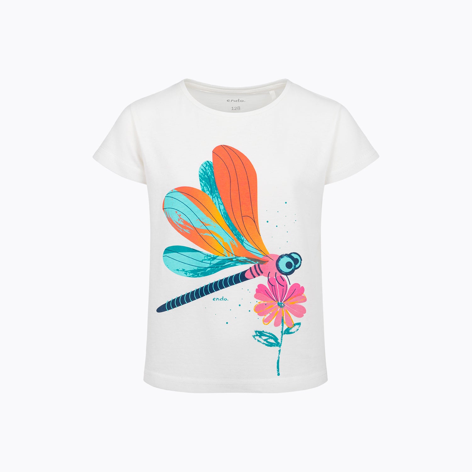 T-shirt z krótkim rękawem dla dziewczynki, z ważką, kremowy 3-8 lat