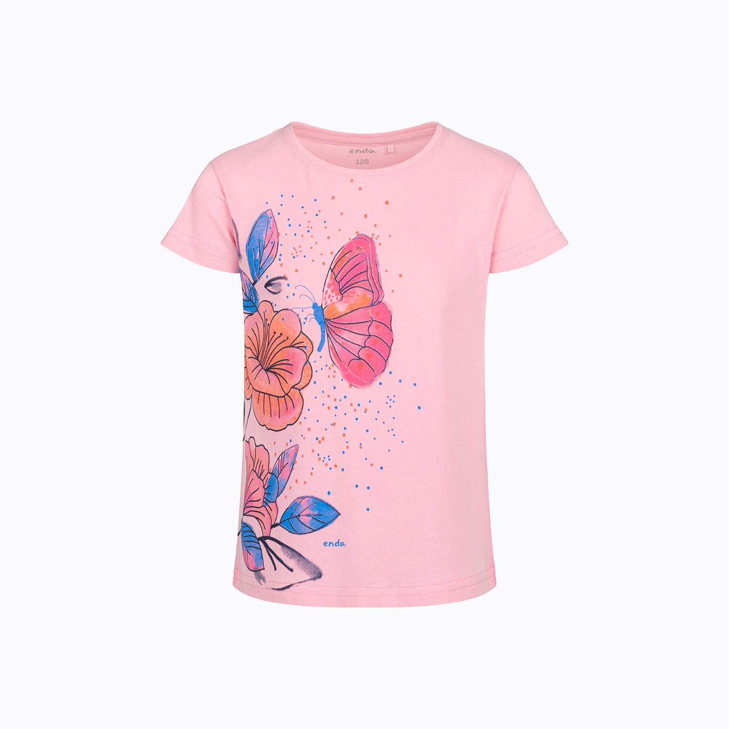 Bluzka z krótkim rękawem dla dziewczynki, z motylem i kwiatami, różowa 3-8 lat