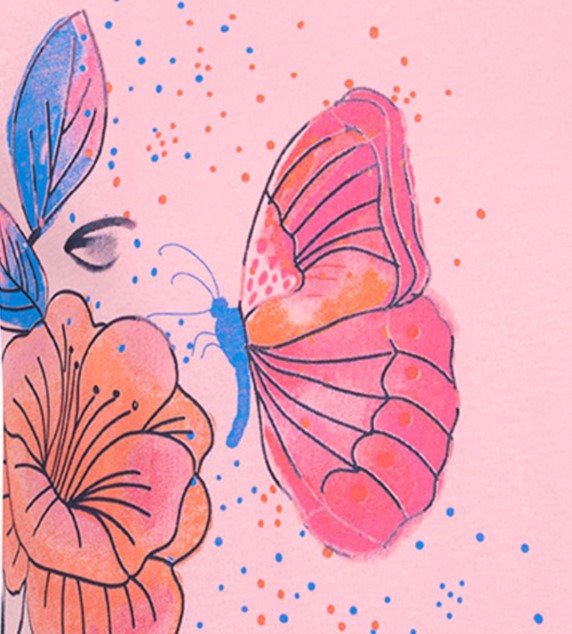 Bluzka z krótkim rękawem dla dziewczynki, z motylem i kwiatami, różowa 3-8 lat