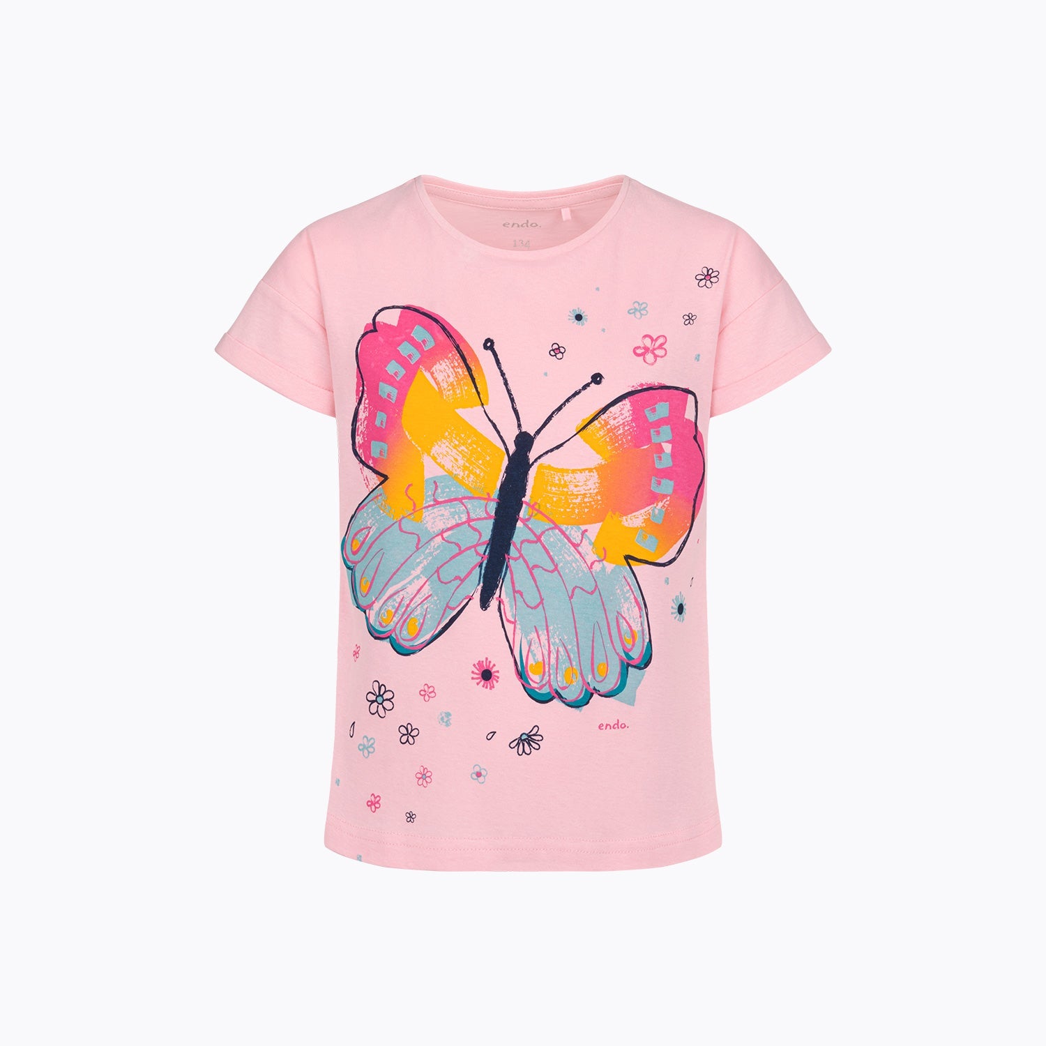 T-shirt z krótkim rękawem dla dziewczynki 3-8 lat, różowy duży motyl
