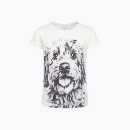 Bluzka z krótkim rękawem dla dziewczynki, z psem, biała 3-8 lat