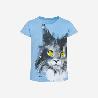 T-shirt z krótkim rękawem dla dziewczynki, z kotem, niebieski 3-8 lat