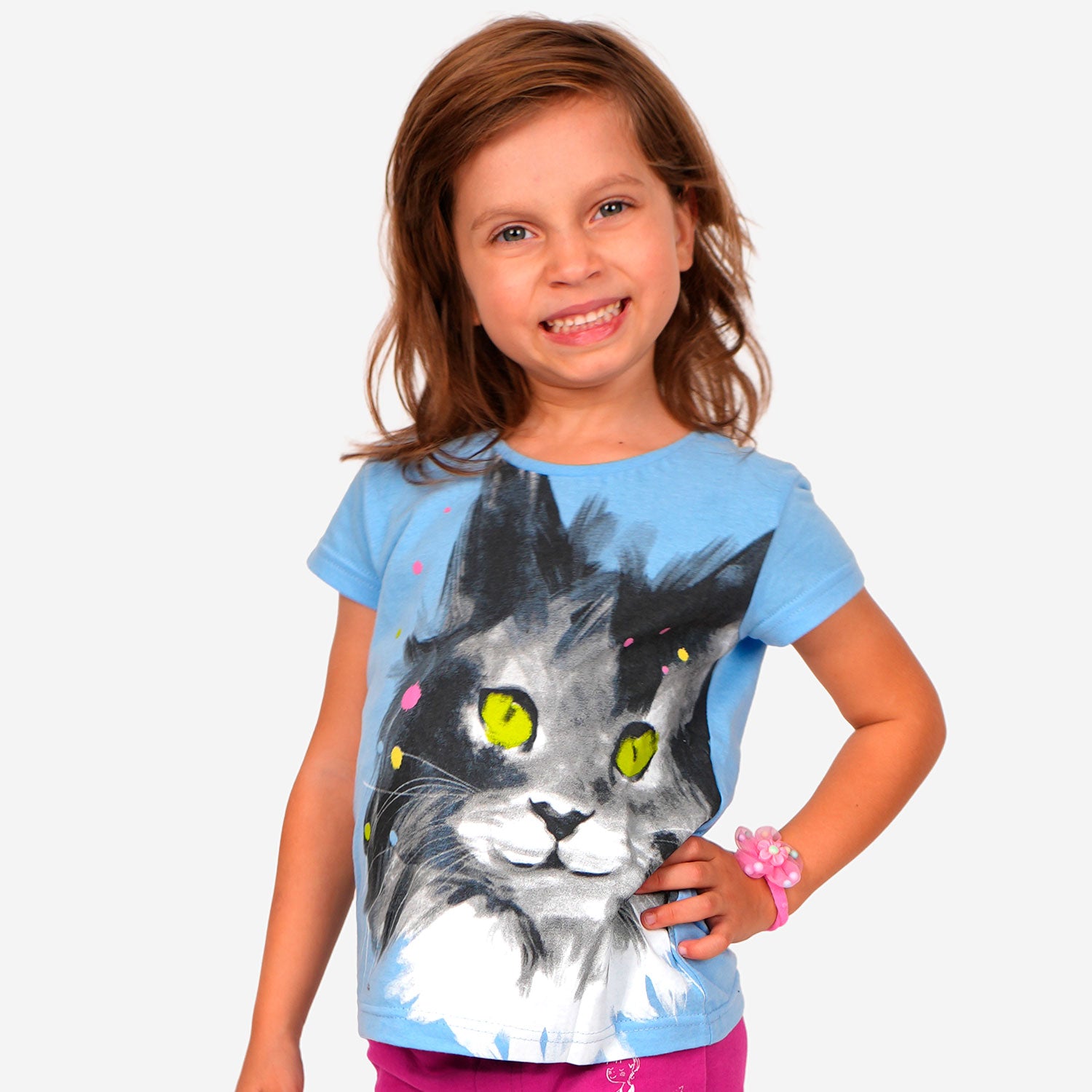 T-shirt z krótkim rękawem dla dziewczynki, z kotem, niebieski 3-8 lat