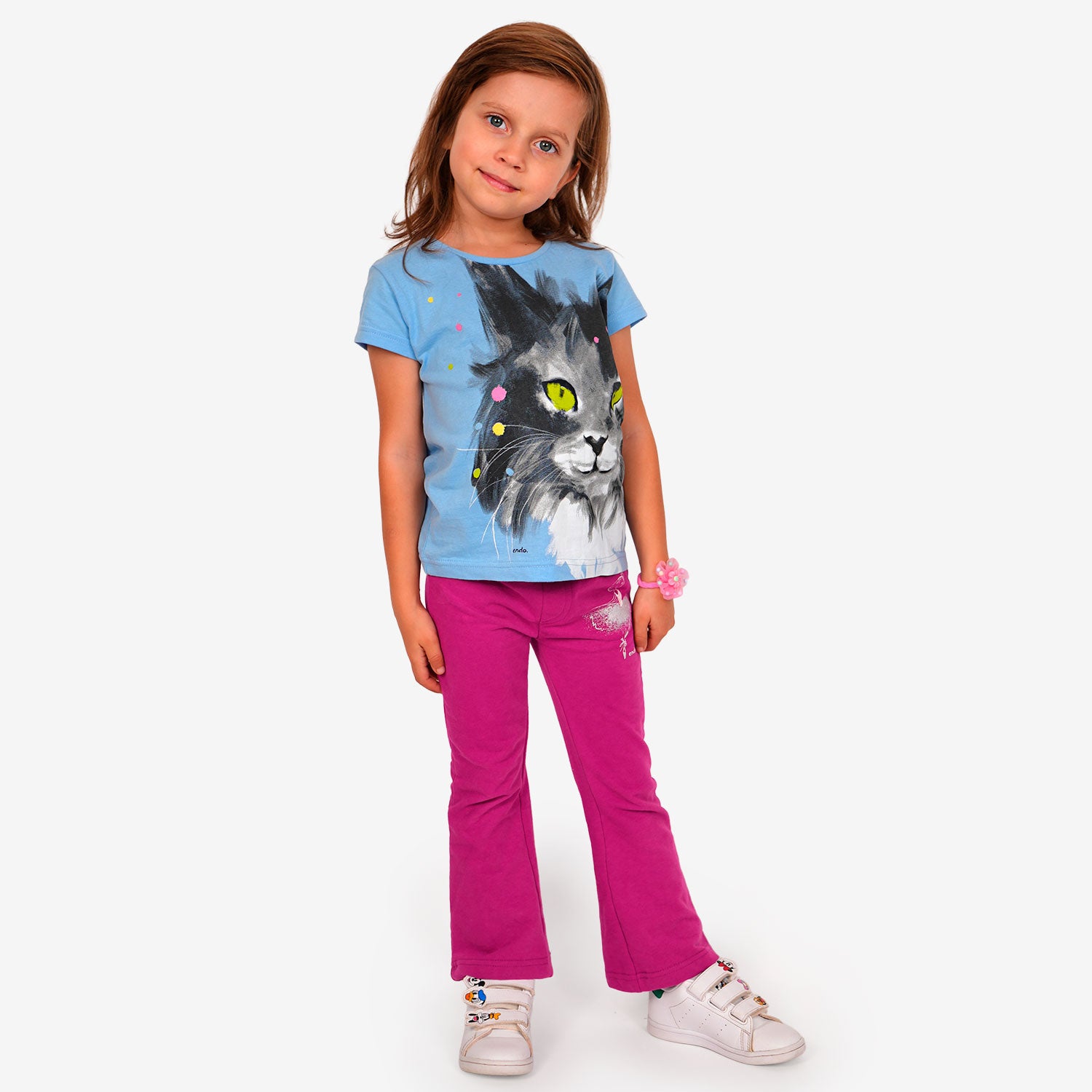 T-shirt z krótkim rękawem dla dziewczynki, z kotem, niebieski 3-8 lat