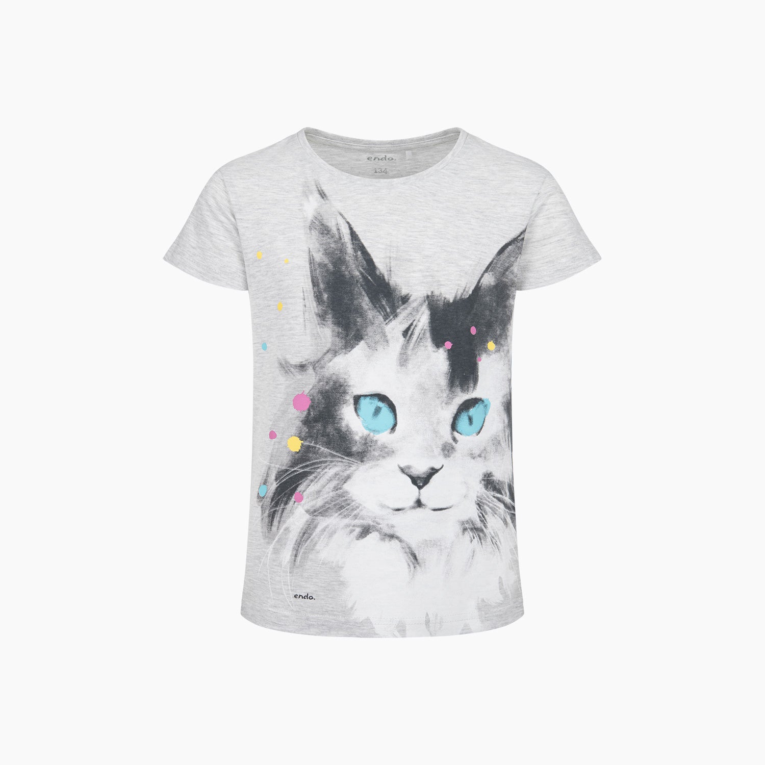 T-shirt z krótkim rękawem dla dziewczynki, z kotem, szary 9-13 lat