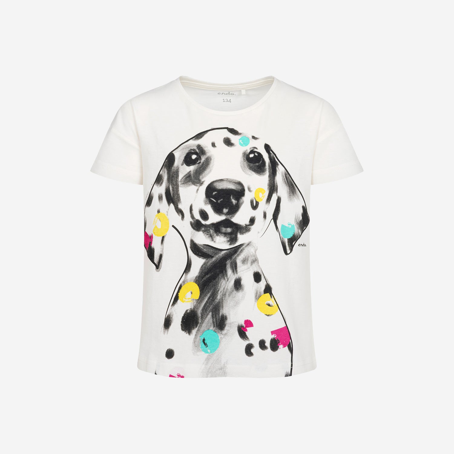 T-shirt z krótkim rękawem dla dziewczynki, z dalmatyńczykiem, kremowy 9-13 lat