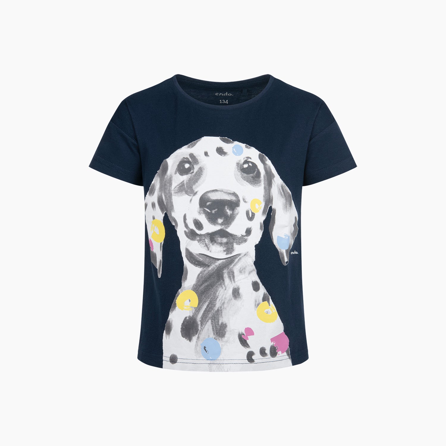 T-shirt z krótkim rękawem dla dziewczynki, z dalmatyńczykiem, granatowy 9-13 lat