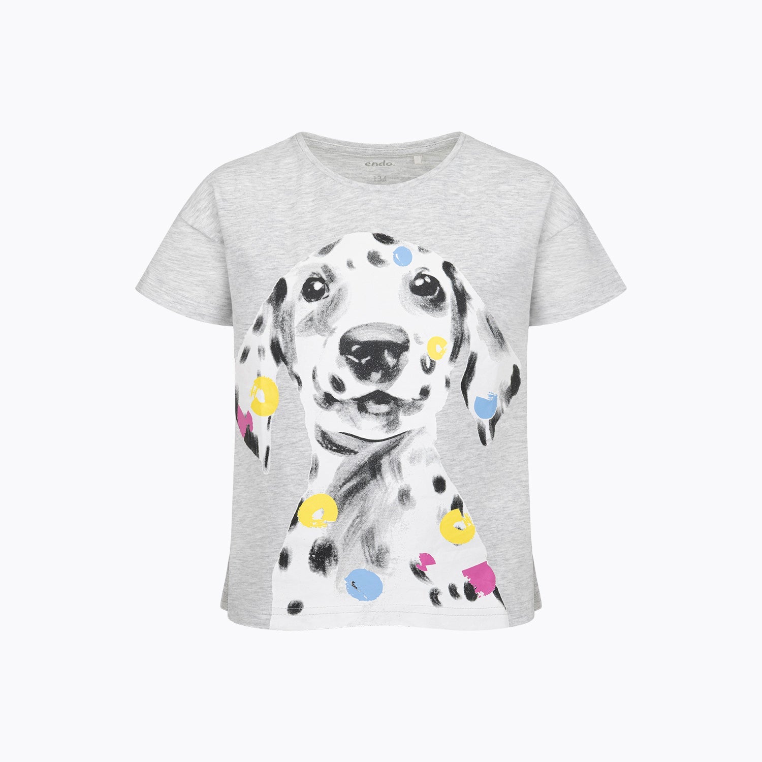 T-shirt z krótkim rękawem dla dziewczynki 9-13 lat, jasnoszary dalmatyńczyk