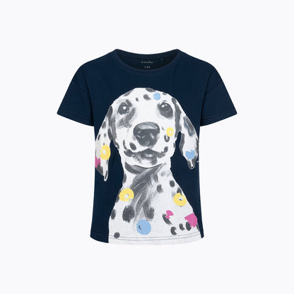 T-shirt dla dziewczynki 9-13 lat, granatowy dalmatyńczyk