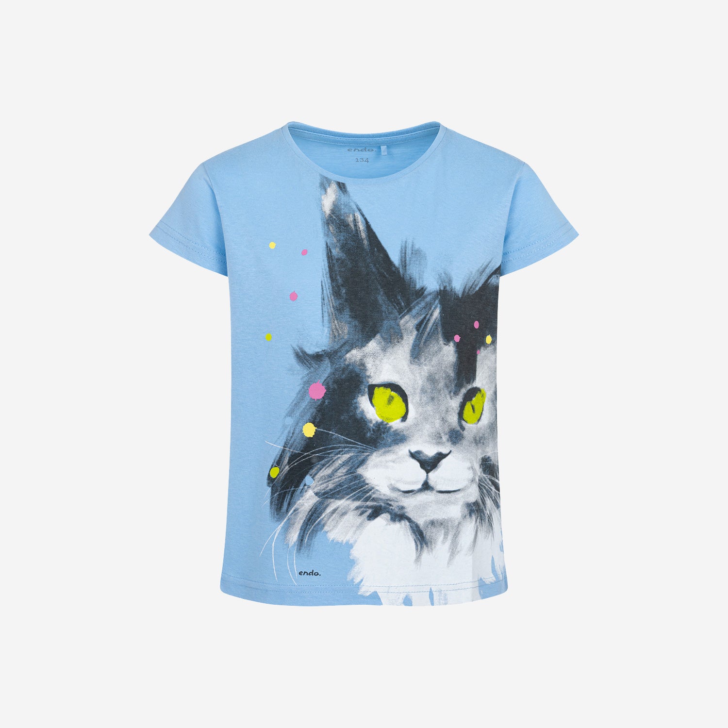 T-shirt z krótkim rękawem dla dziewczynki, z kotem, niebieski 9-13 lat