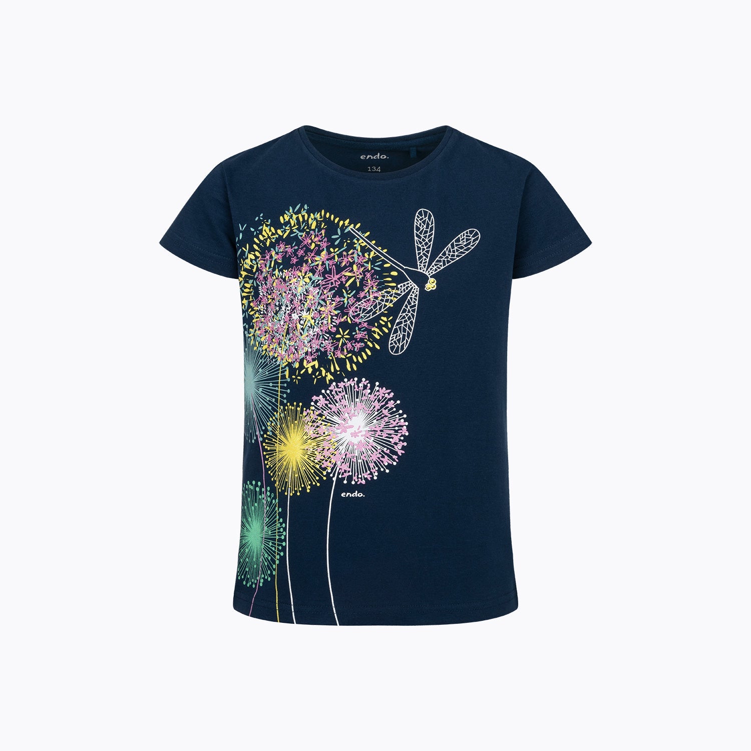T-shirt z krótkim rękawem dla dziewczynki 9-13 lat, granatowy dmuchawce, ważka