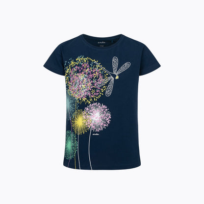 T-shirt z krótkim rękawem dla dziewczynki 9-13 lat, granatowy dmuchawce, ważka