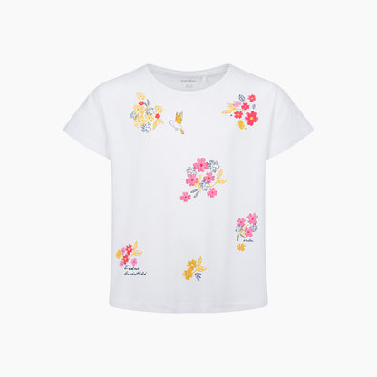 Bluzka z krótkim rękawem dla dziewczynki, z kwiatkami, biała 9-13 lat