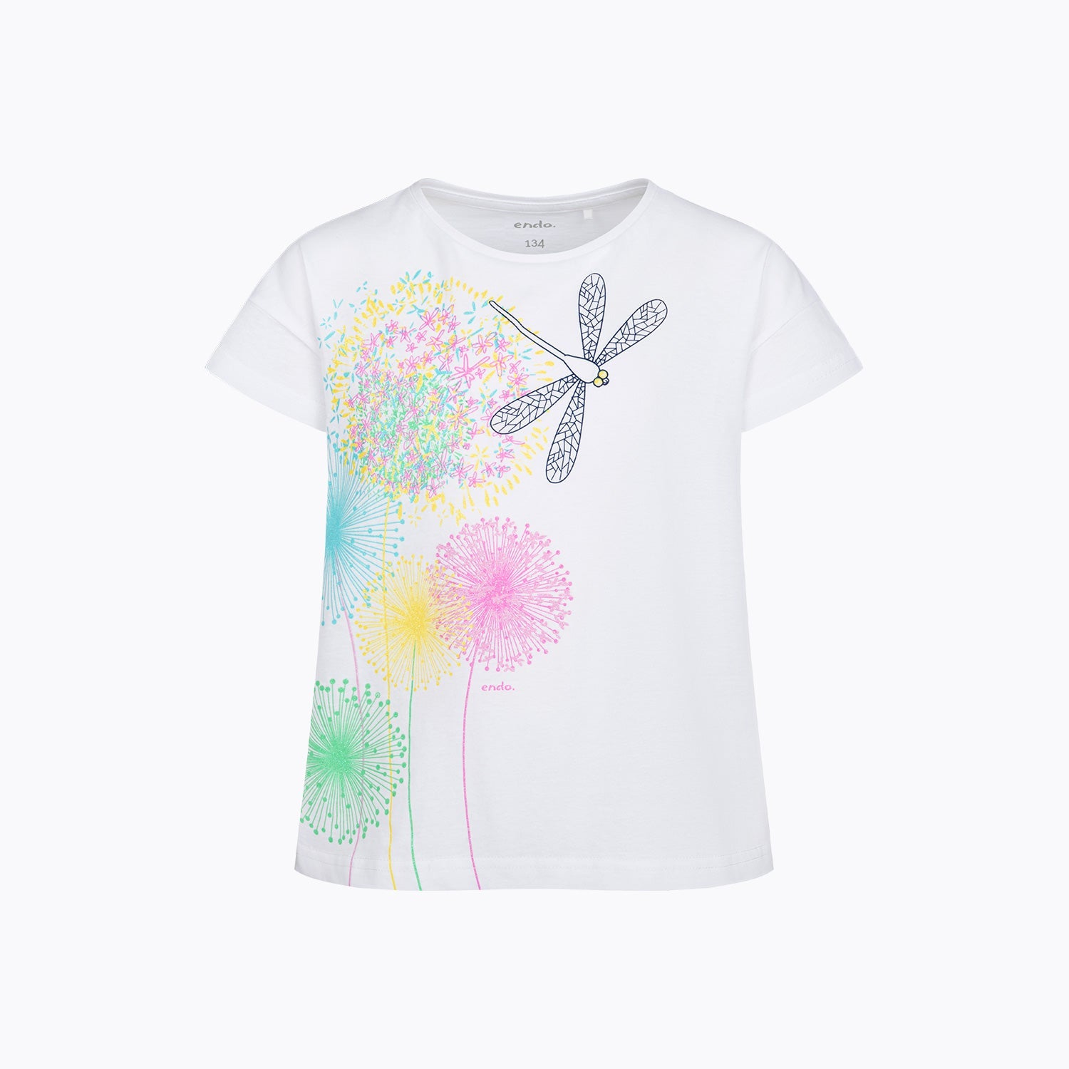 T-shirt z krótkim rękawem dla dziewczynki 9-13 lat, biały dmuchawce, ważka