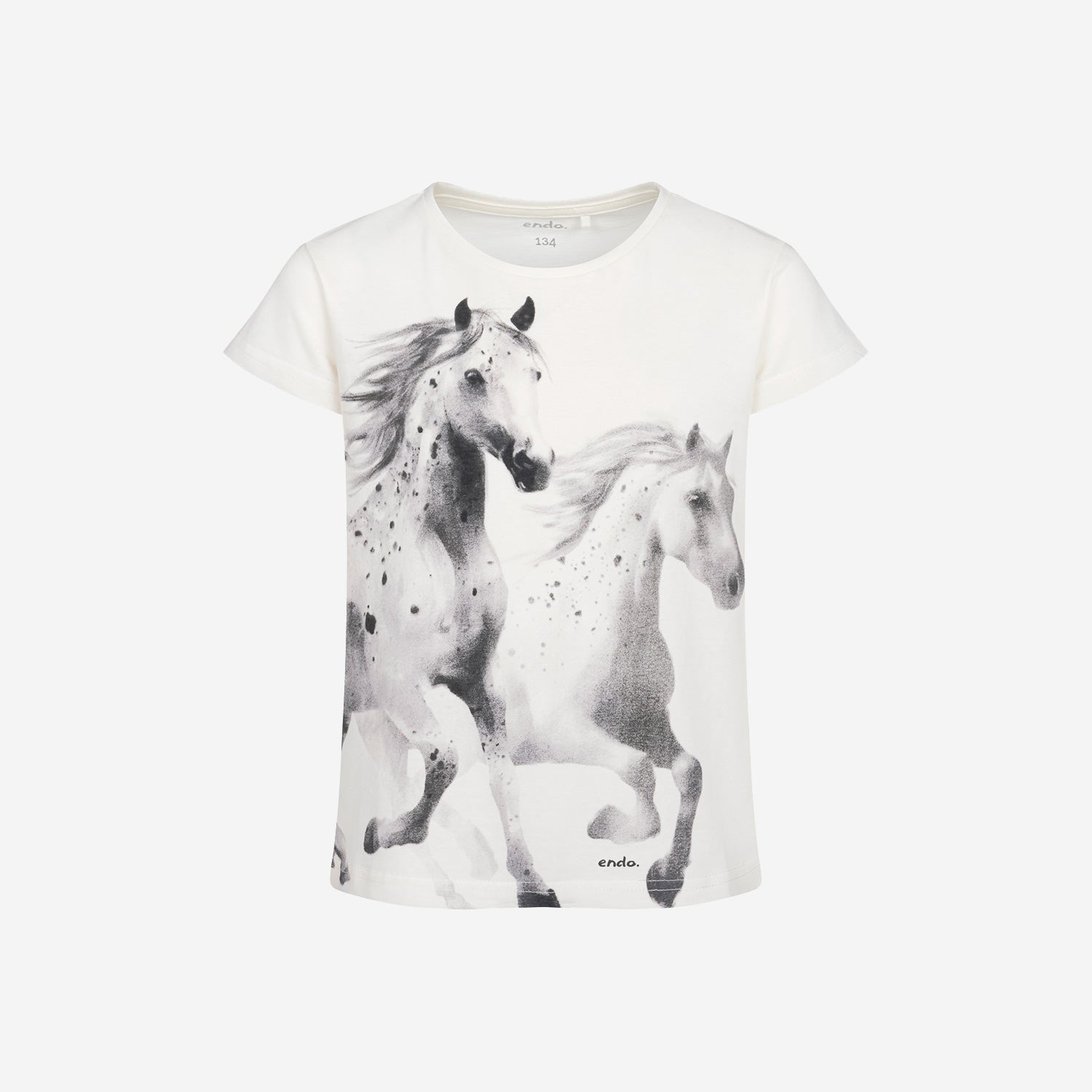 T-shirt z krótkim rękawem dla dziewczynki, z koniami, kremowy 9-13 lat