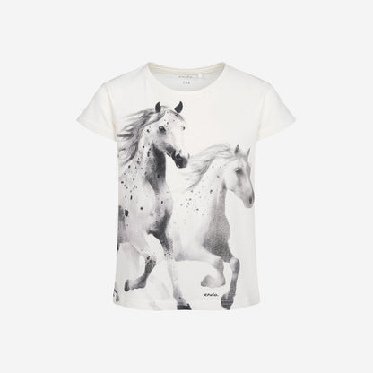 T-shirt z krótkim rękawem dla dziewczynki, z koniami, kremowy 9-13 lat