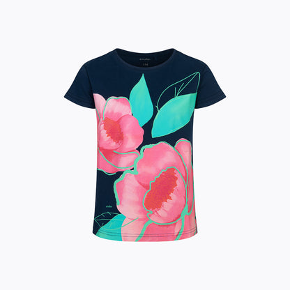T-shirt z krótkim rękawem dla dziewczynki, z motywem kwiatowym, granatowa 9-13 lat