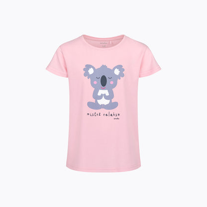 T-shirt z krótkim rękawem dla dziewczynki  z motywem yogi, różowa 9-13 lat