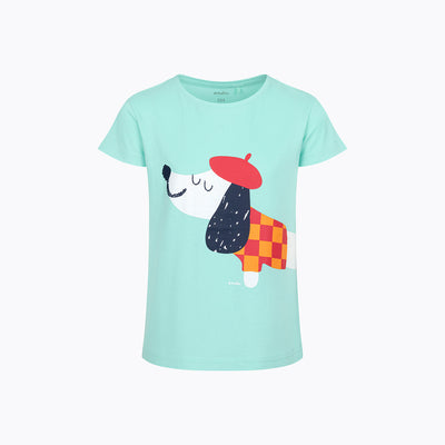 T-shirt z krótkim rękawem dla dziewczynki, z francuskim pieskiem, zielona 9-13 lat