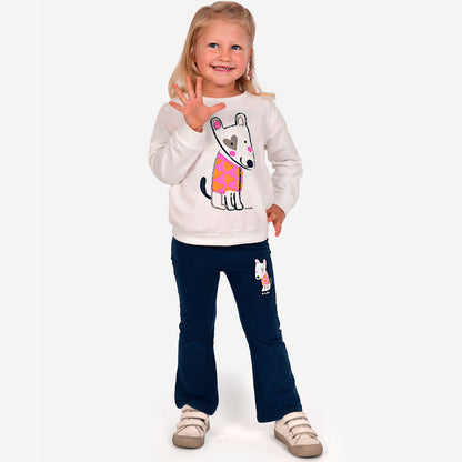Spodnie dresowe flare dla dziewczynki, z pieskiem, granatowe 3-8 lat