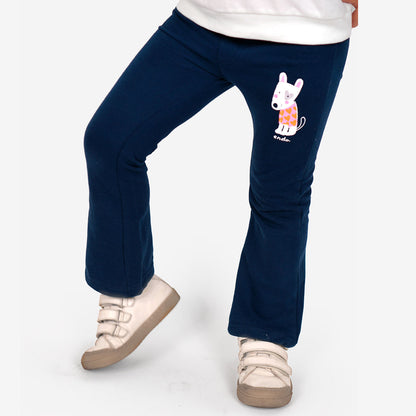 Spodnie dresowe flare dla dziewczynki, z pieskiem, granatowe 3-8 lat