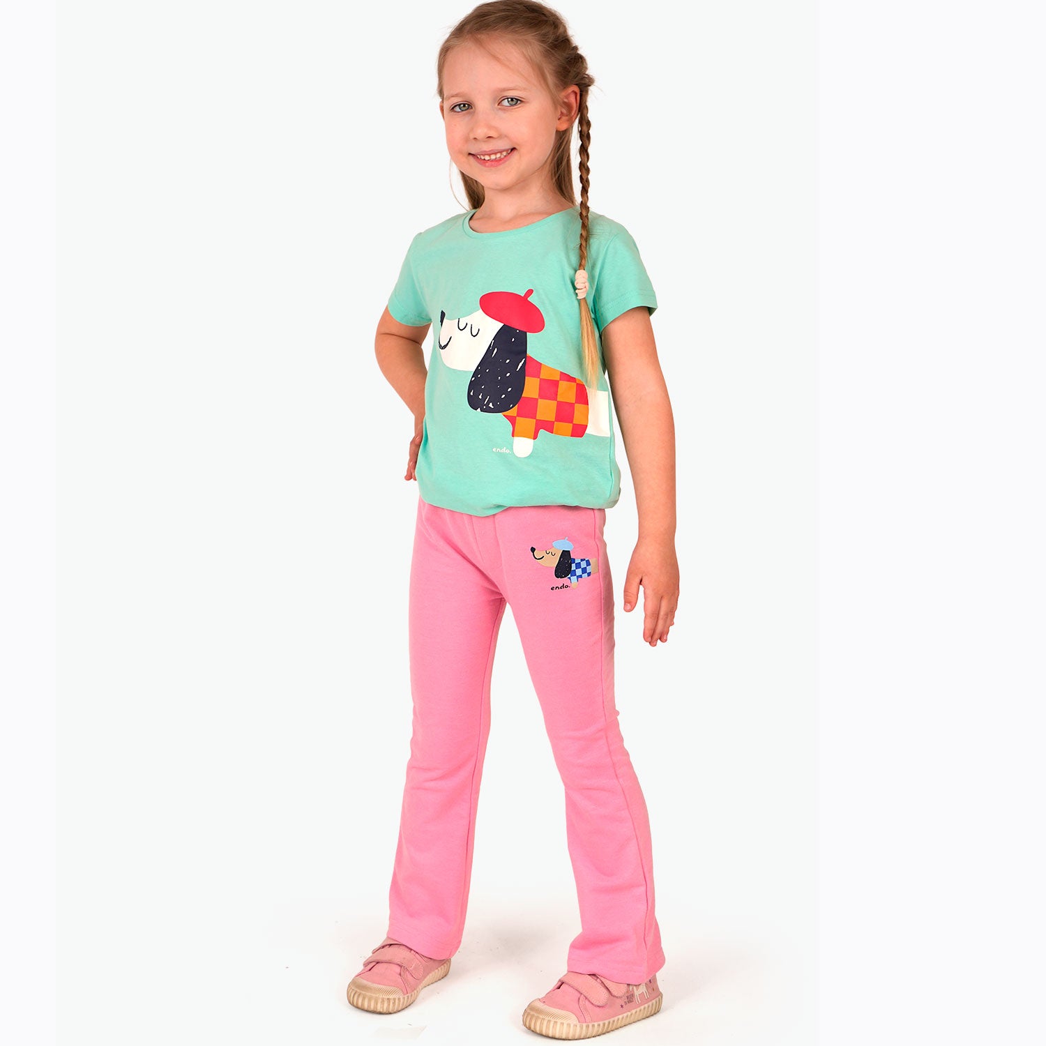 Legginsy flare dla dziewczynki, z francuskim pieskiem, różowe 3-8 lat