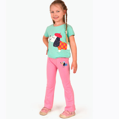 Legginsy flare dla dziewczynki, z francuskim pieskiem, różowe 3-8 lat