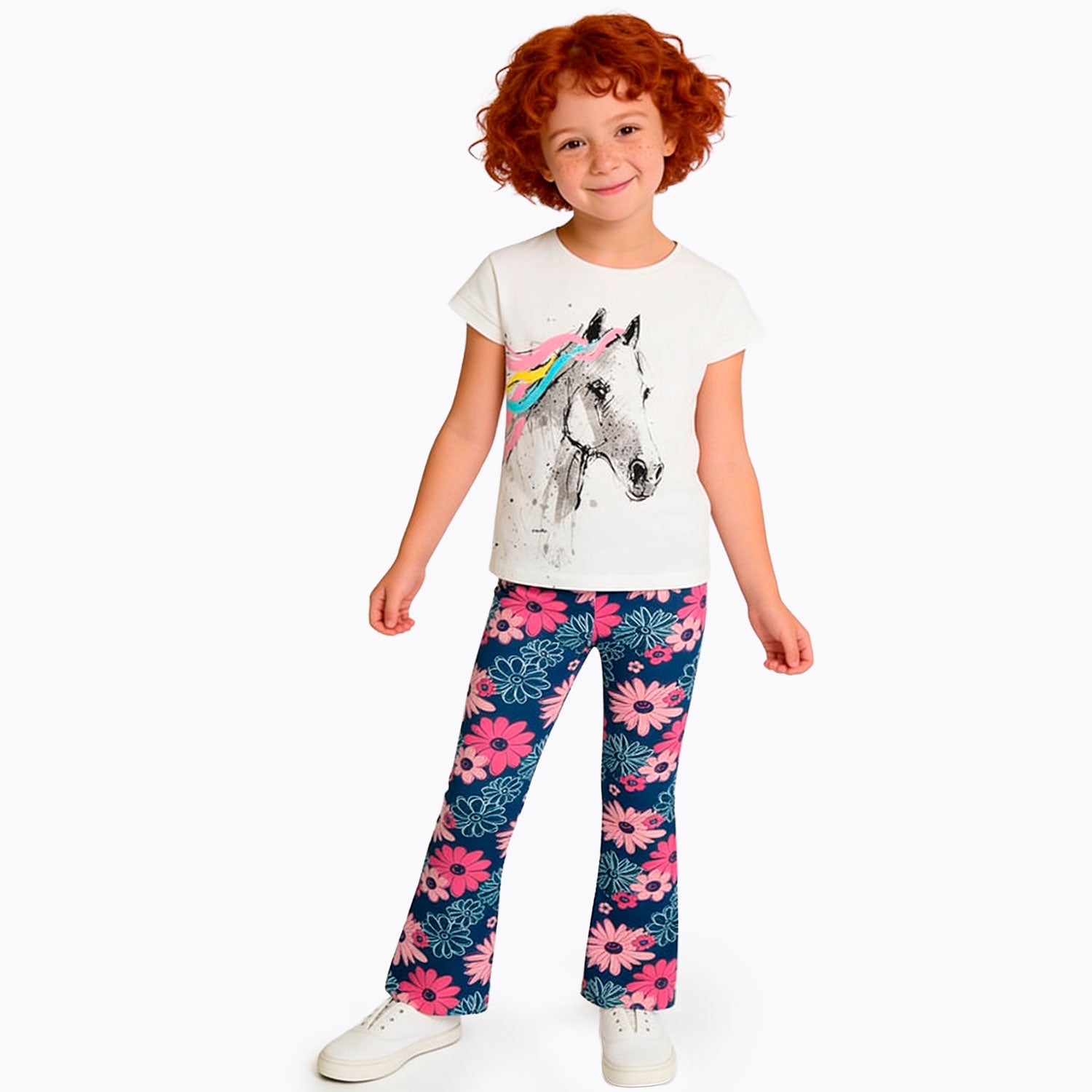 Legginsy flare dla dziewczynki 3-8 lat, niebieskie "kwiaty"