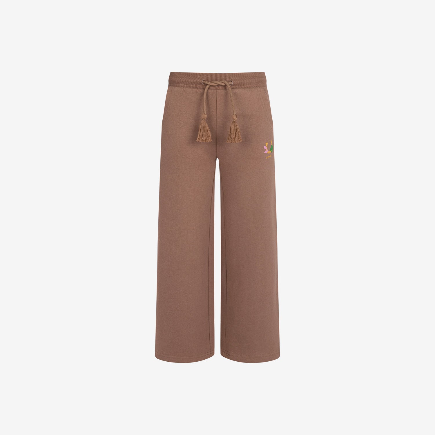 Girls' sweatpants with horseshoe pattern, brown, 9-13 years old