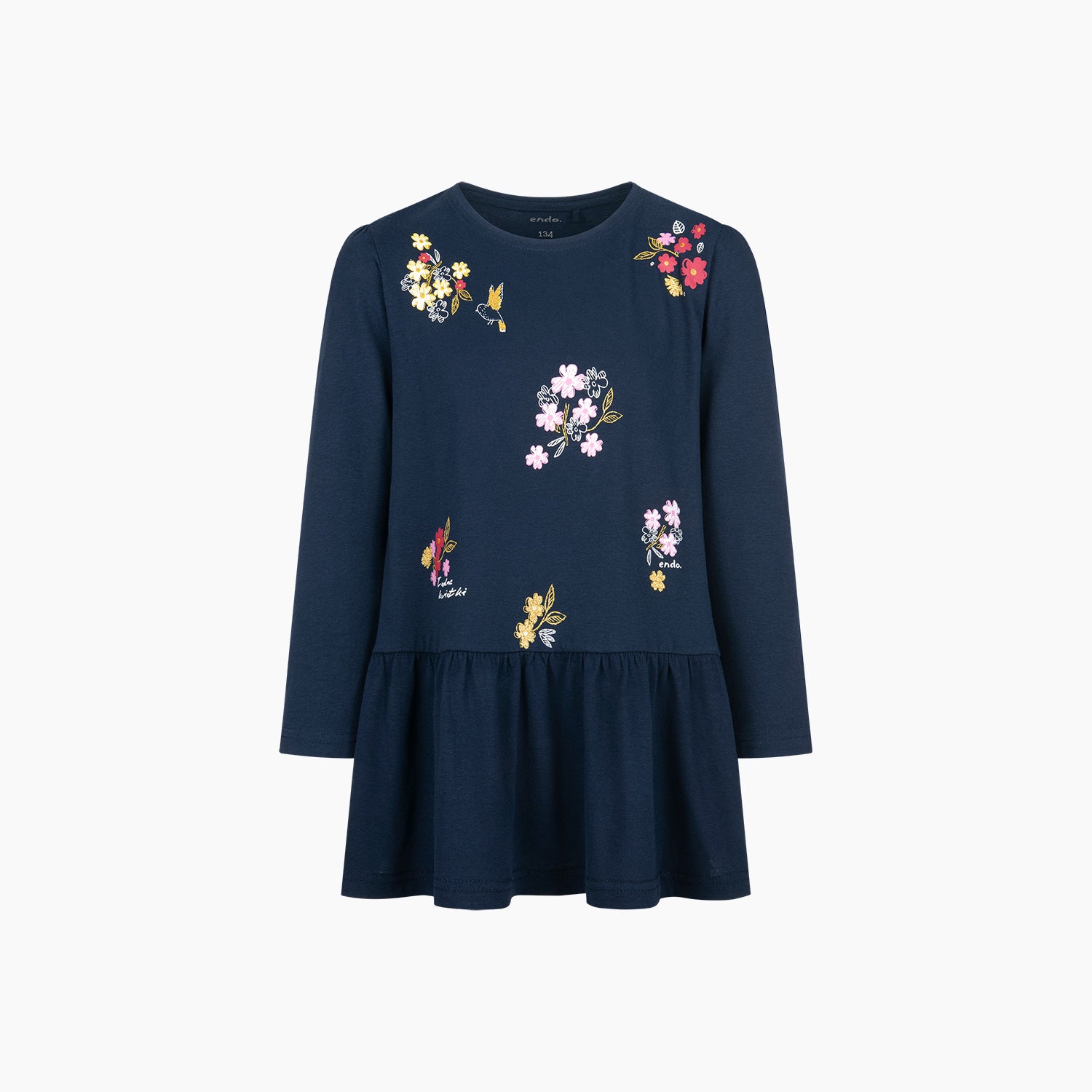 Tunika z długim rękawem dla dziewczynki, z kwiatkami, granatowa 9-13 lat