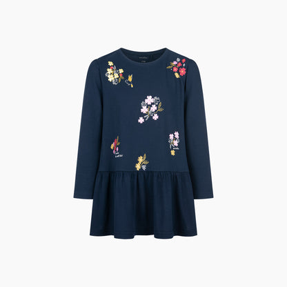 Tunika z długim rękawem dla dziewczynki, z kwiatkami, granatowa 9-13 lat