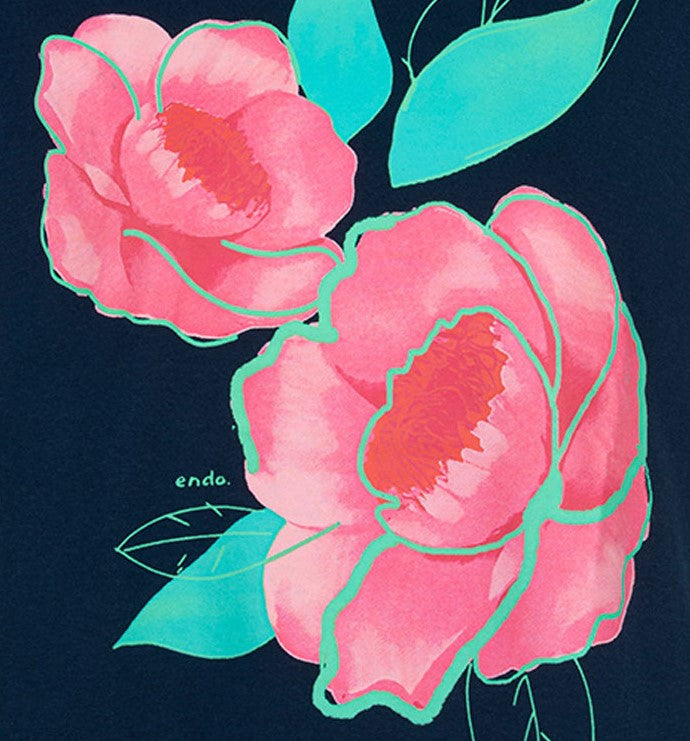 Tunika z krótkim rękawem dla dziewczynki, z motywem kwiatowym, granatowa 9-13 lat