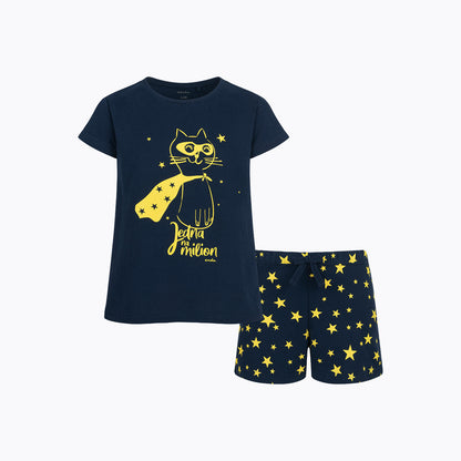 Piżama z krótkim rękawem dla dziewczynki, z kotem, granatowa 3-8 lat