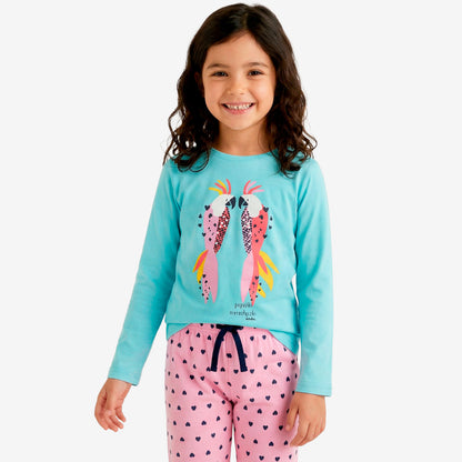 Piżama z długim rękawem dla dziewczynki, z papużkami nierozłączkami, niebieska 3-8 lat