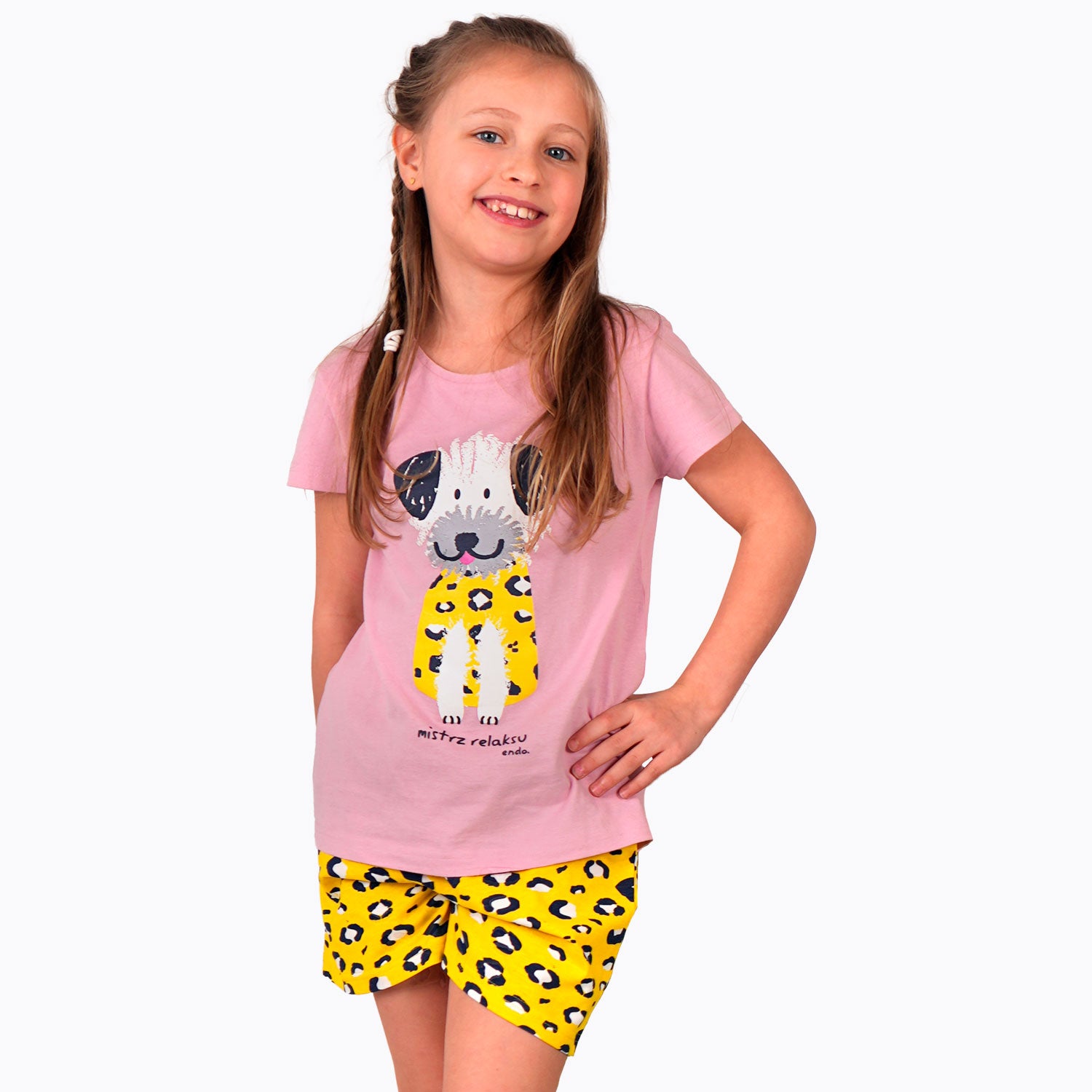 Piżama z krótkim rękawem dla dziewczynki, z pieskiem, różowa 9-13 lat