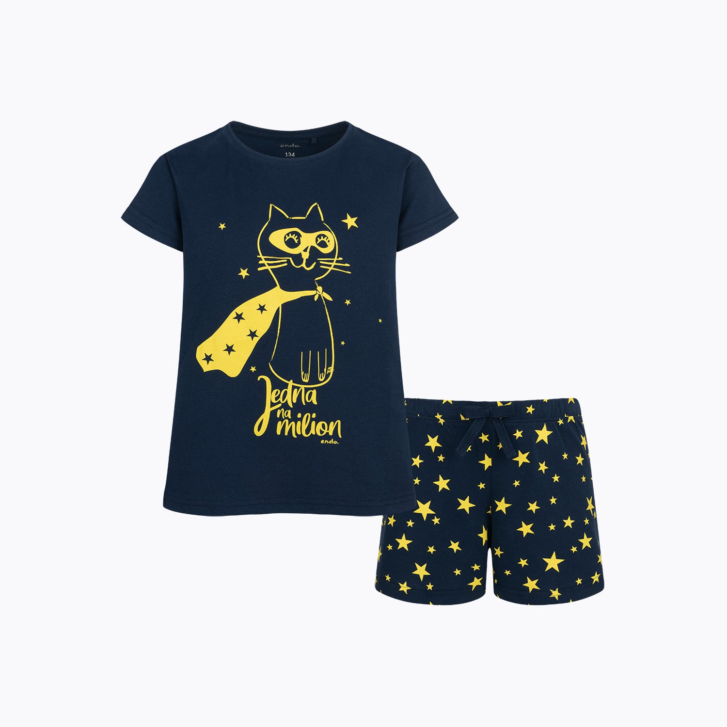 Piżama z krótkim rękawem dla dziewczynki, z kotem, granatowa 9-13 lat