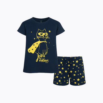 Piżama z krótkim rękawem dla dziewczynki, z kotem, granatowa 9-13 lat