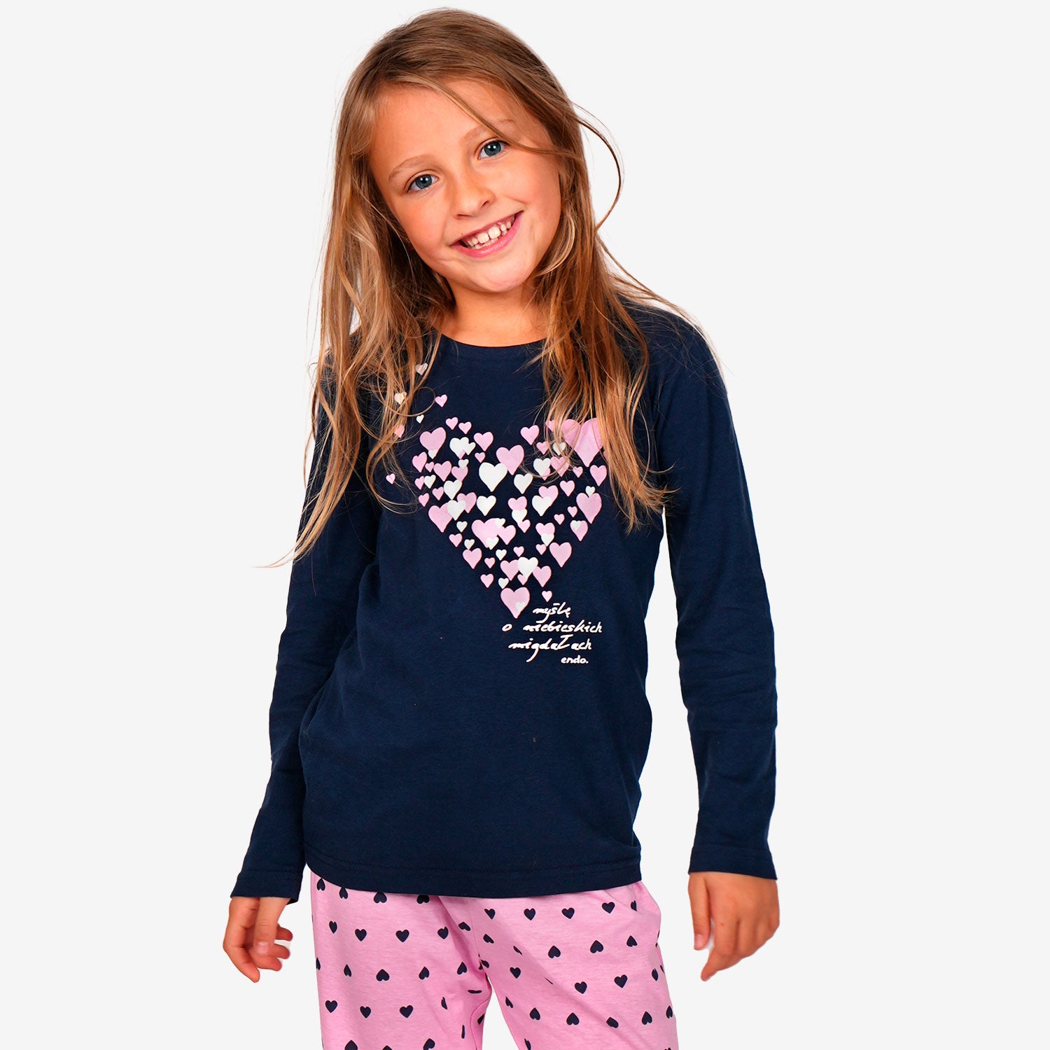 Long-sleeved pajama for girls, with hearts, navy blue, 9-13 years old