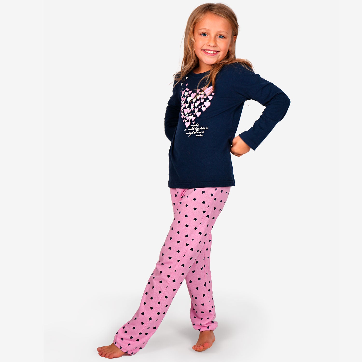 Long-sleeved pajama for girls, with hearts, navy blue, 9-13 years old