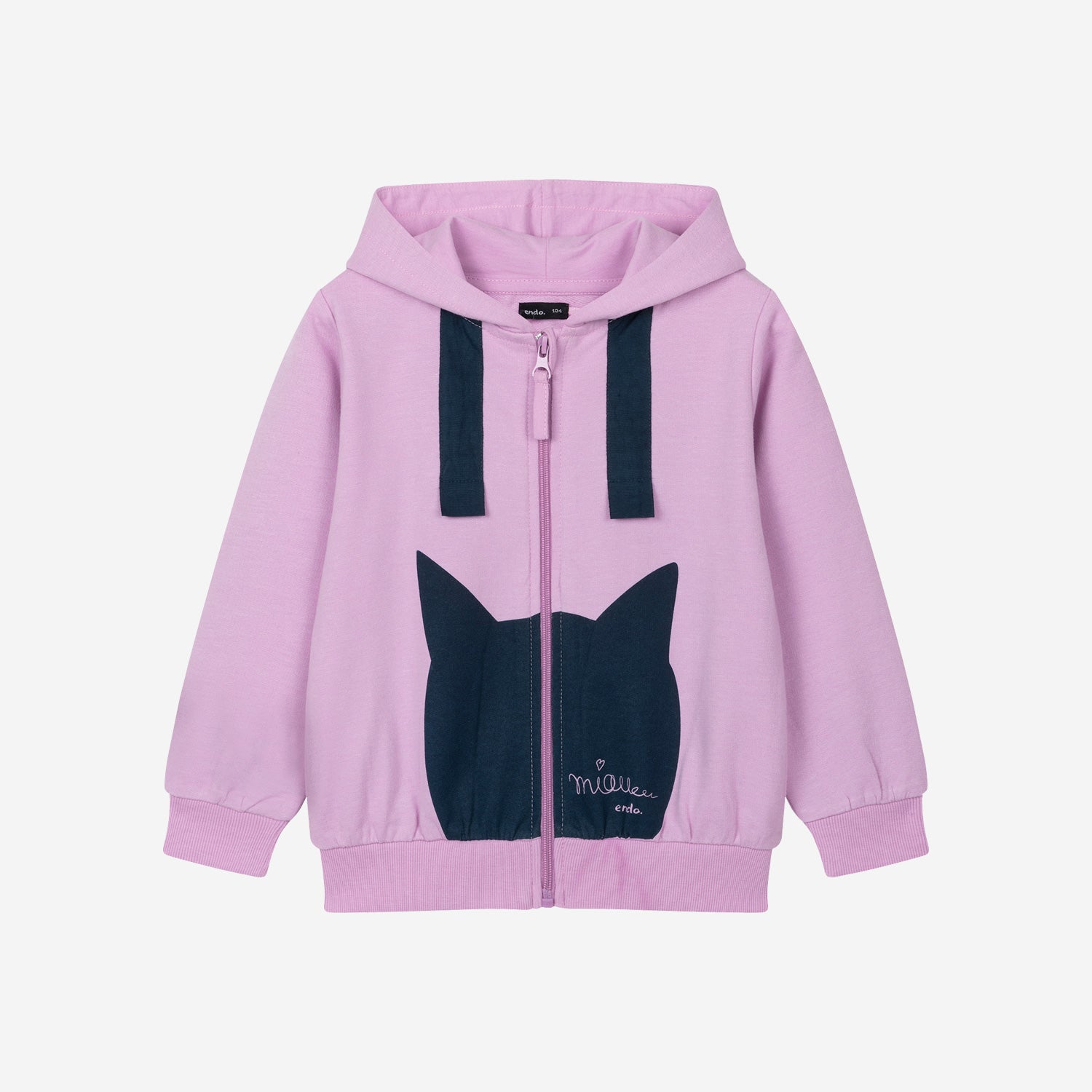 Pink zip-up hoodie for girls, with a cat, 3-8 years old
