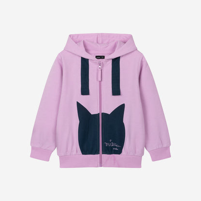 Pink zip-up hoodie for girls, with a cat, 3-8 years old