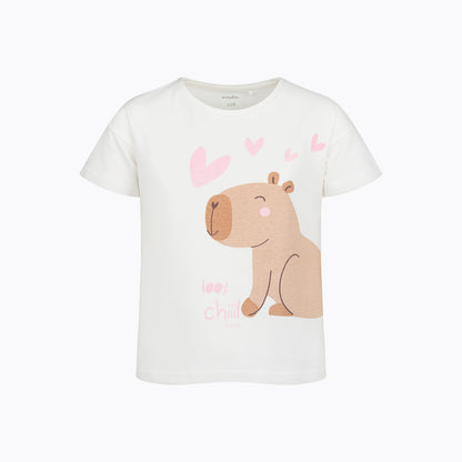 T-shirt z krótkim rękawem dla dziewczynki 3-8 lat, biały z kapibarą