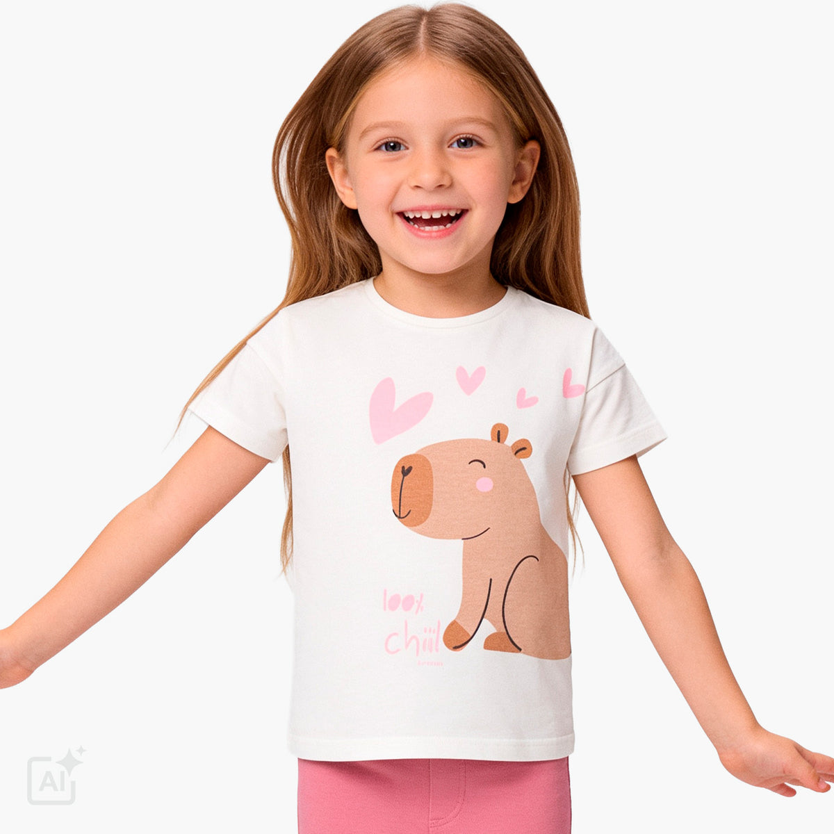 T-shirt z krótkim rękawem dla dziewczynki 3-8 lat, biały z kapibarą