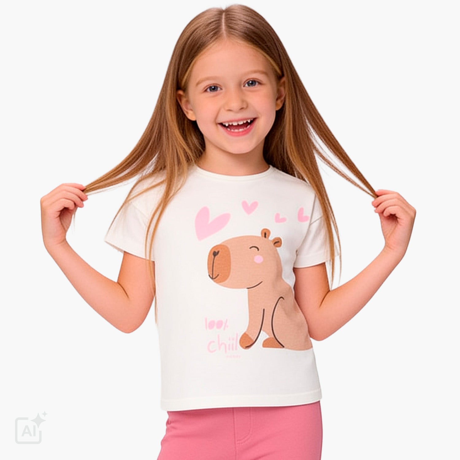 T-shirt z krótkim rękawem dla dziewczynki 3-8 lat, biały z kapibarą